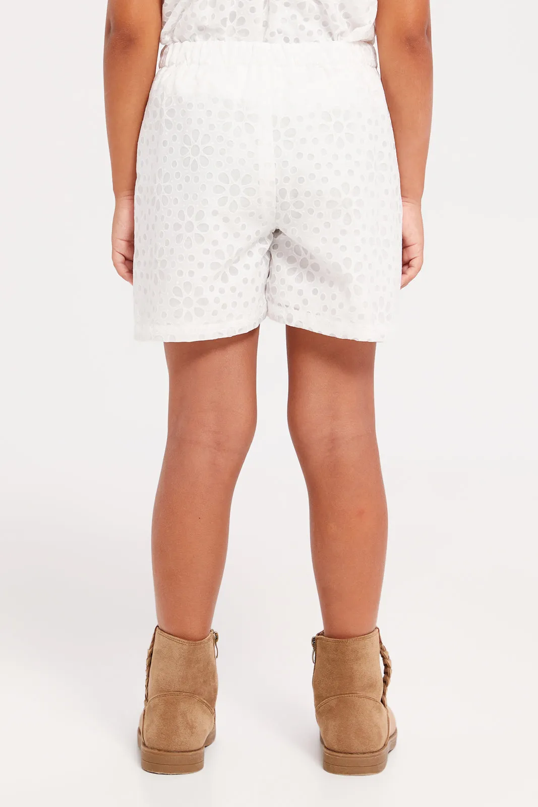 Girls White Floral Embossed Shorts