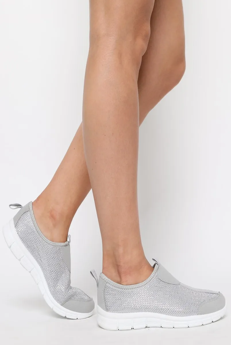 Grey Diamante Sparkle Stretch Trainers - Hani