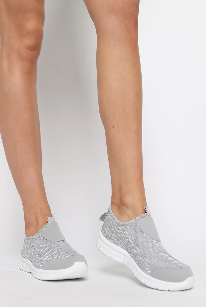 Grey Diamante Sparkle Stretch Trainers - Hani