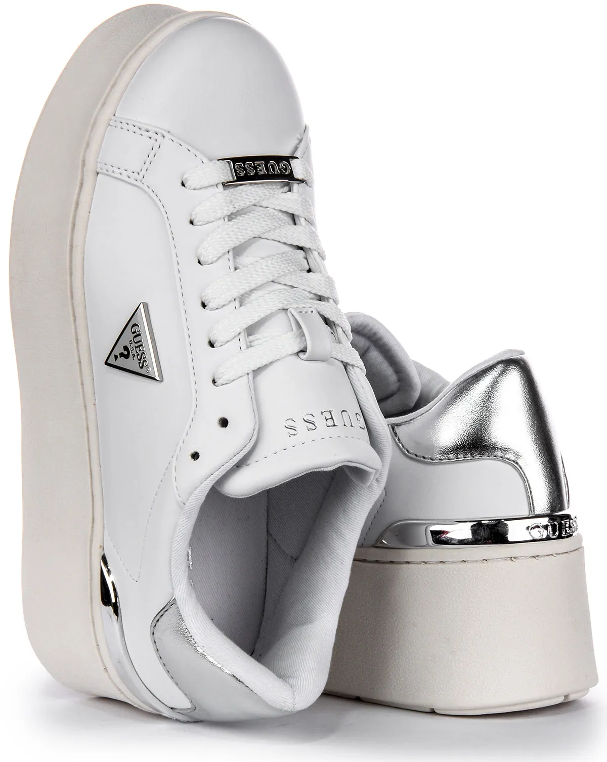 Guess Willen Platform In White Silver