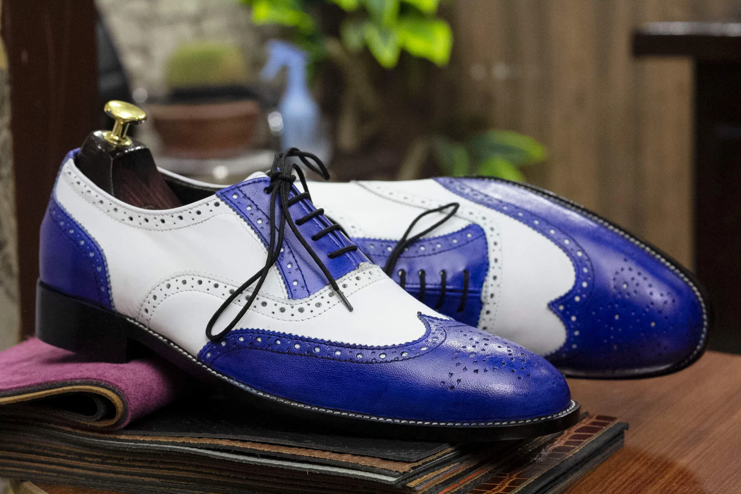 Handmade Men's Blue & White Wing Tip Style Pure Leather Shoes For Men's