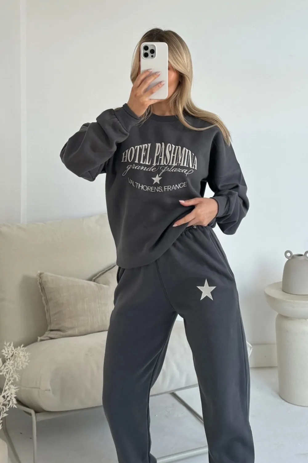 Hotel Pashmina steel grey embroidered sweater joggers loungewear