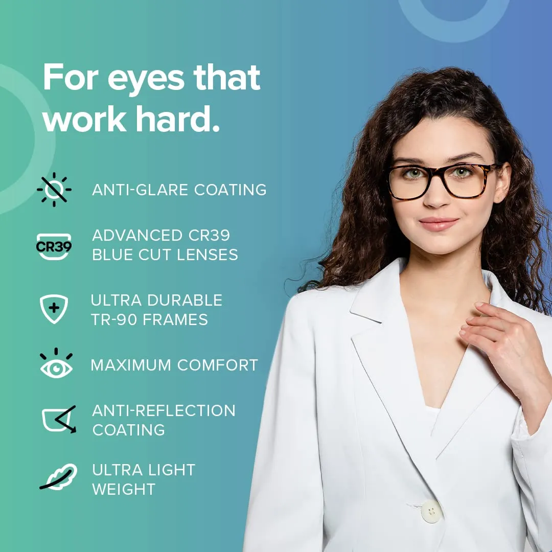 Intellilens | Zero Power Blue Cut Computer Glasses | Anti Glare, Lightweight & Blocks Harmful Rays | UV Protection Specs | For Men & Women | Blue | Square | Medium