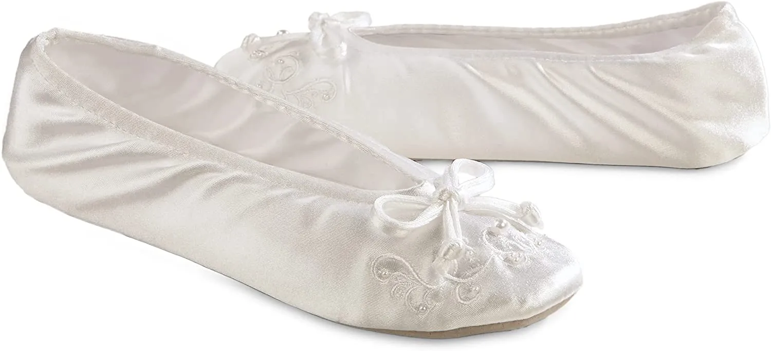 Isotoner Womens Embroidered Pearl Satin Ballerina Slippers