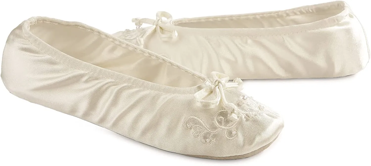 Isotoner Womens Embroidered Pearl Satin Ballerina Slippers