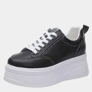 Joskaa 2024 New Womens Black Leather Platform Sneakers