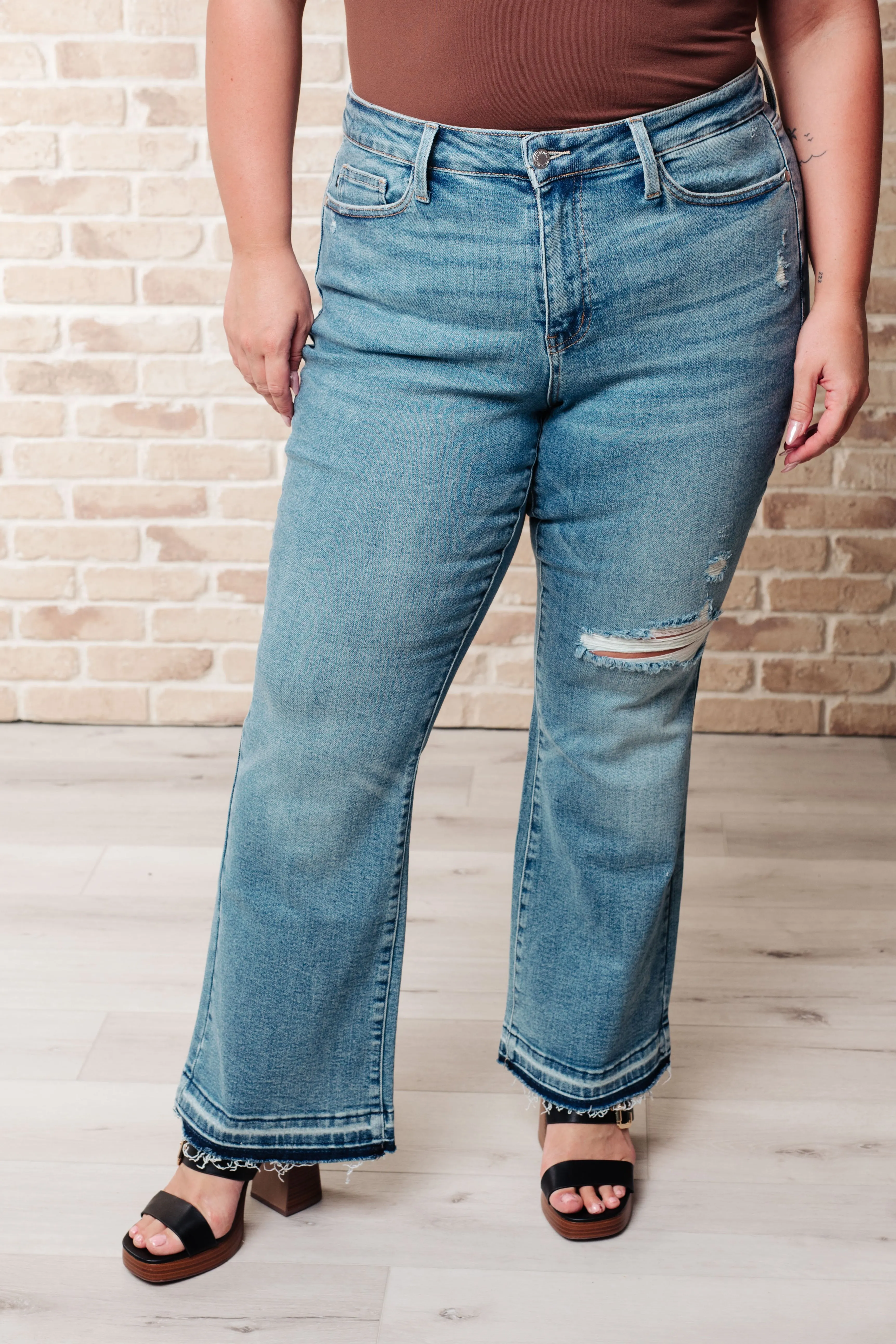 Judy Blue Mid Rise Release Hem Distressed Vintage Bootcut Jeans