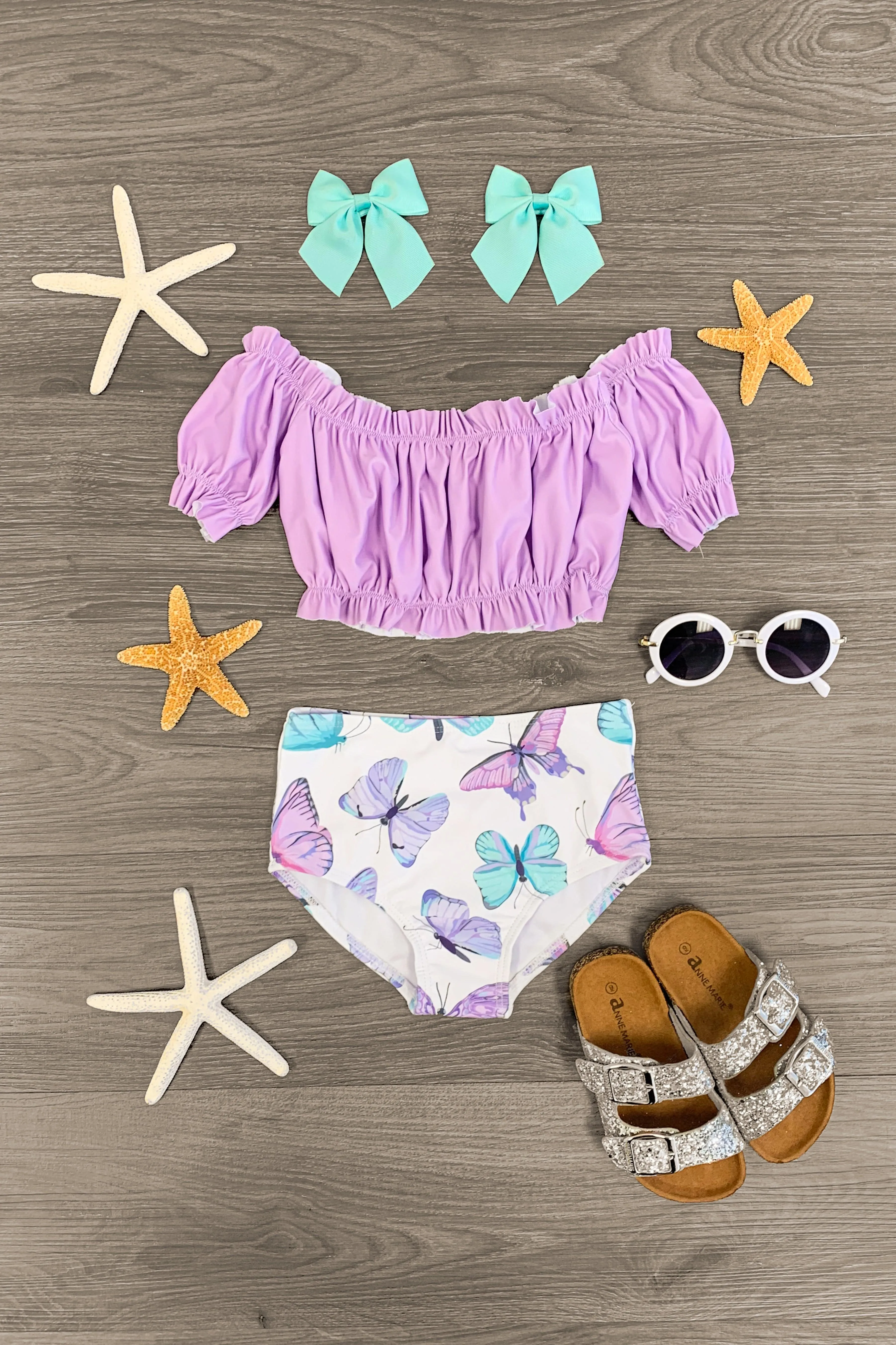 Lavender Butterflies Short Sleeve Bikini