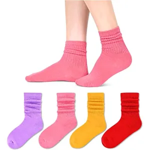 Little Girls Long Socks, Cute Slouch Socks for Girls, Kids Cotton Crew Socks, Scrunch School Socks, Gifts for Girls 6-8 Years Red Yellow Purple Pink