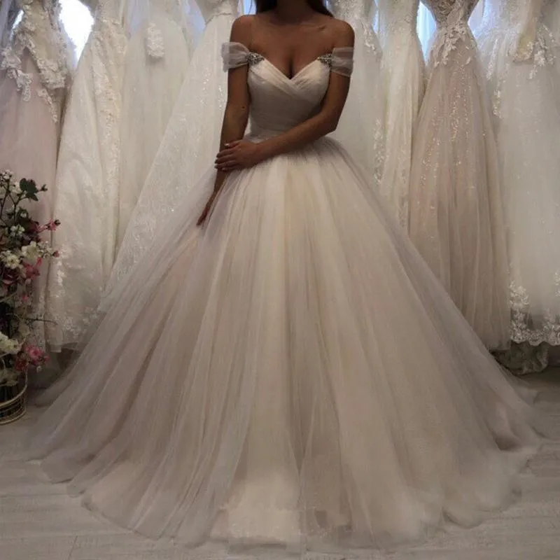 Off The Shoulder Tulle Sweetheart White Wedding Dresses Bridal Gown WD020