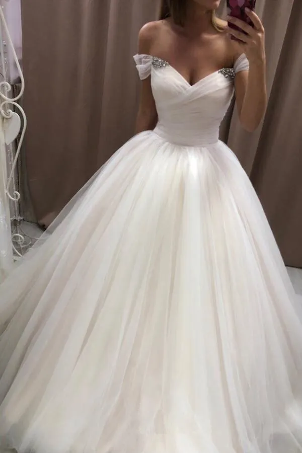 Off The Shoulder Tulle Sweetheart White Wedding Dresses Bridal Gown WD020