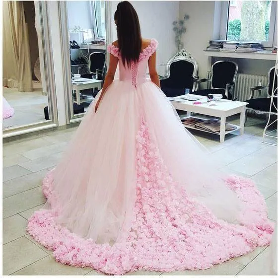 Off the Shoulder Vintage Pink Ball Gown Wedding Dresses   WD303