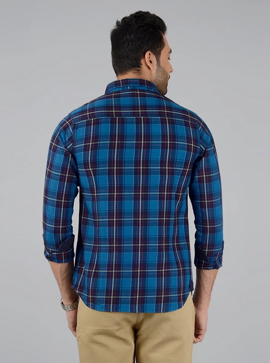 Olympic Blue Checked Slim Fit Casual Shirt | Greenfibre