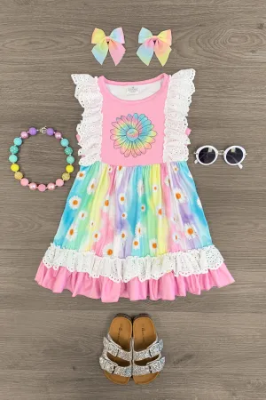 Pastel Sunflower Lace Ruffle Dress