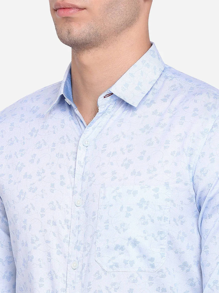 Powder Blue Printed Slim Fit Semi Casual Shirt | JadeBlue