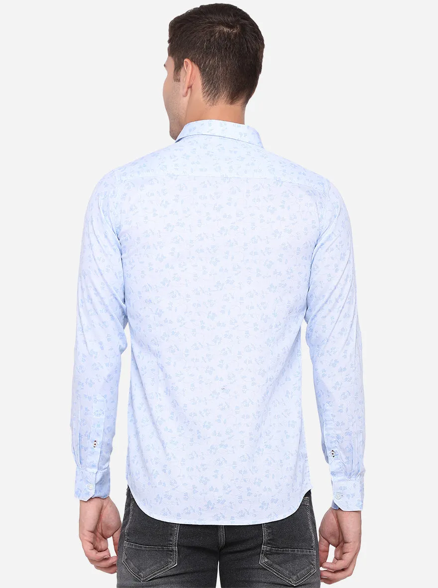 Powder Blue Printed Slim Fit Semi Casual Shirt | JadeBlue