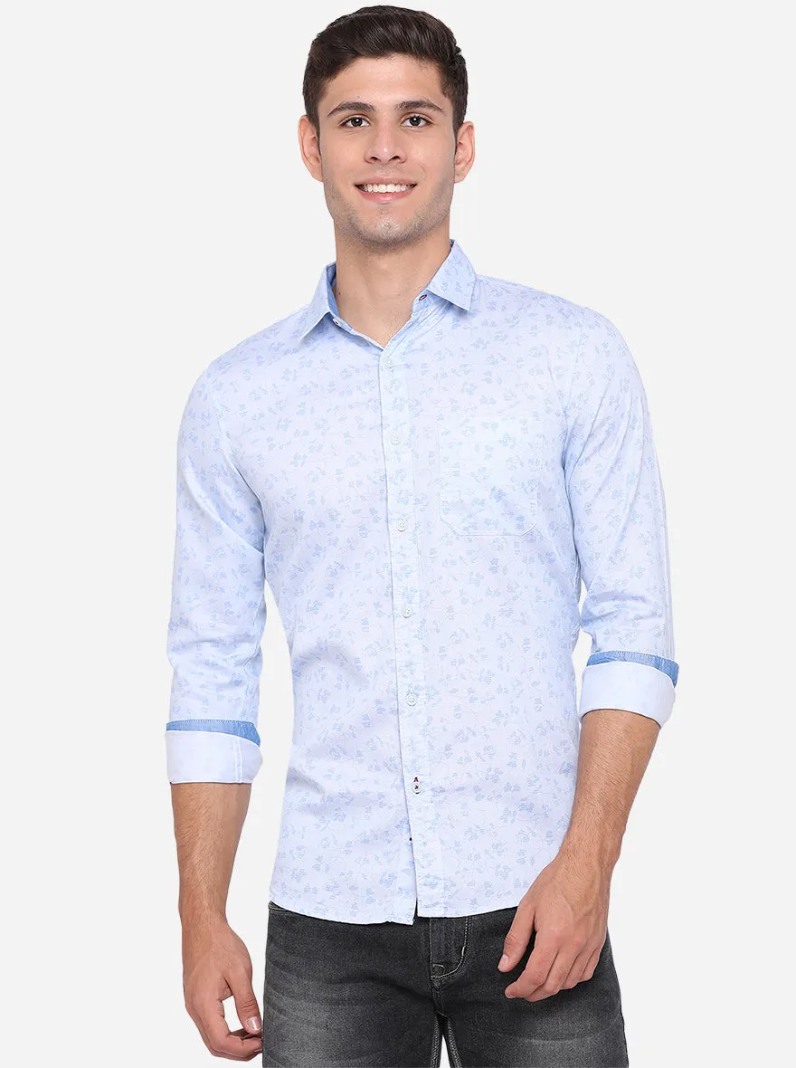 Powder Blue Printed Slim Fit Semi Casual Shirt | JadeBlue