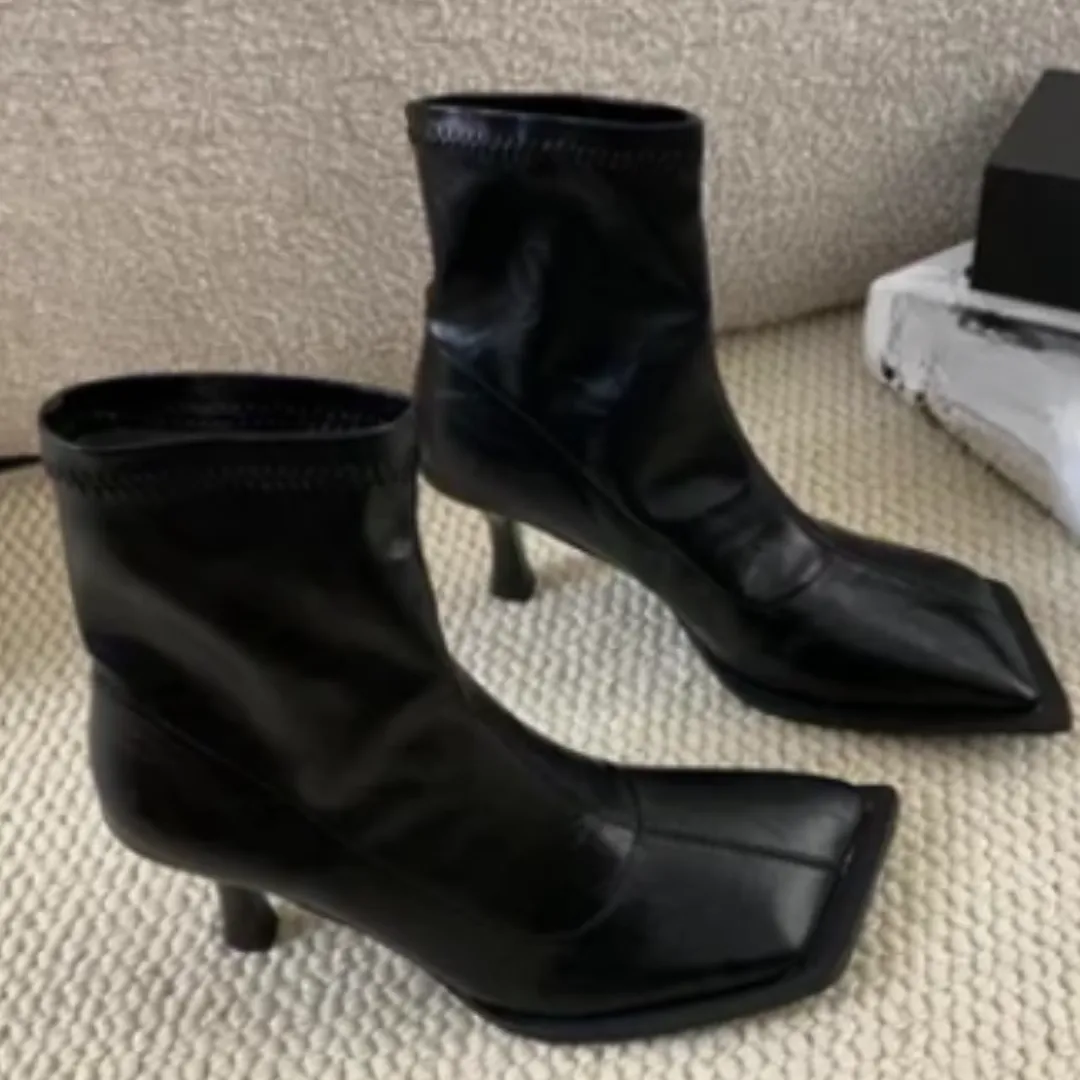 Pre Order:  Black Square Toe Stretch Ankle Boots