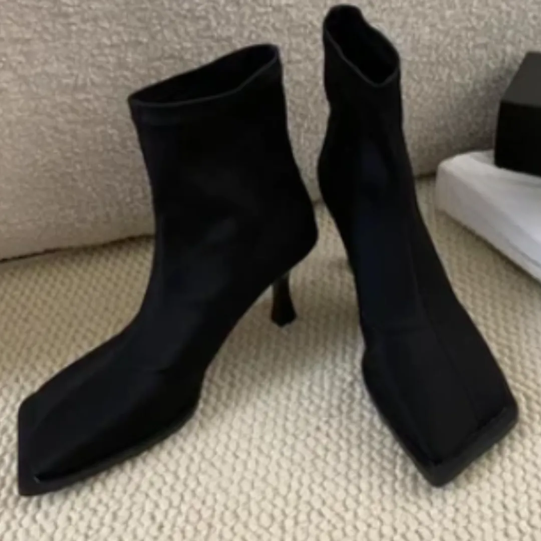 Pre Order:  Black Square Toe Stretch Ankle Boots