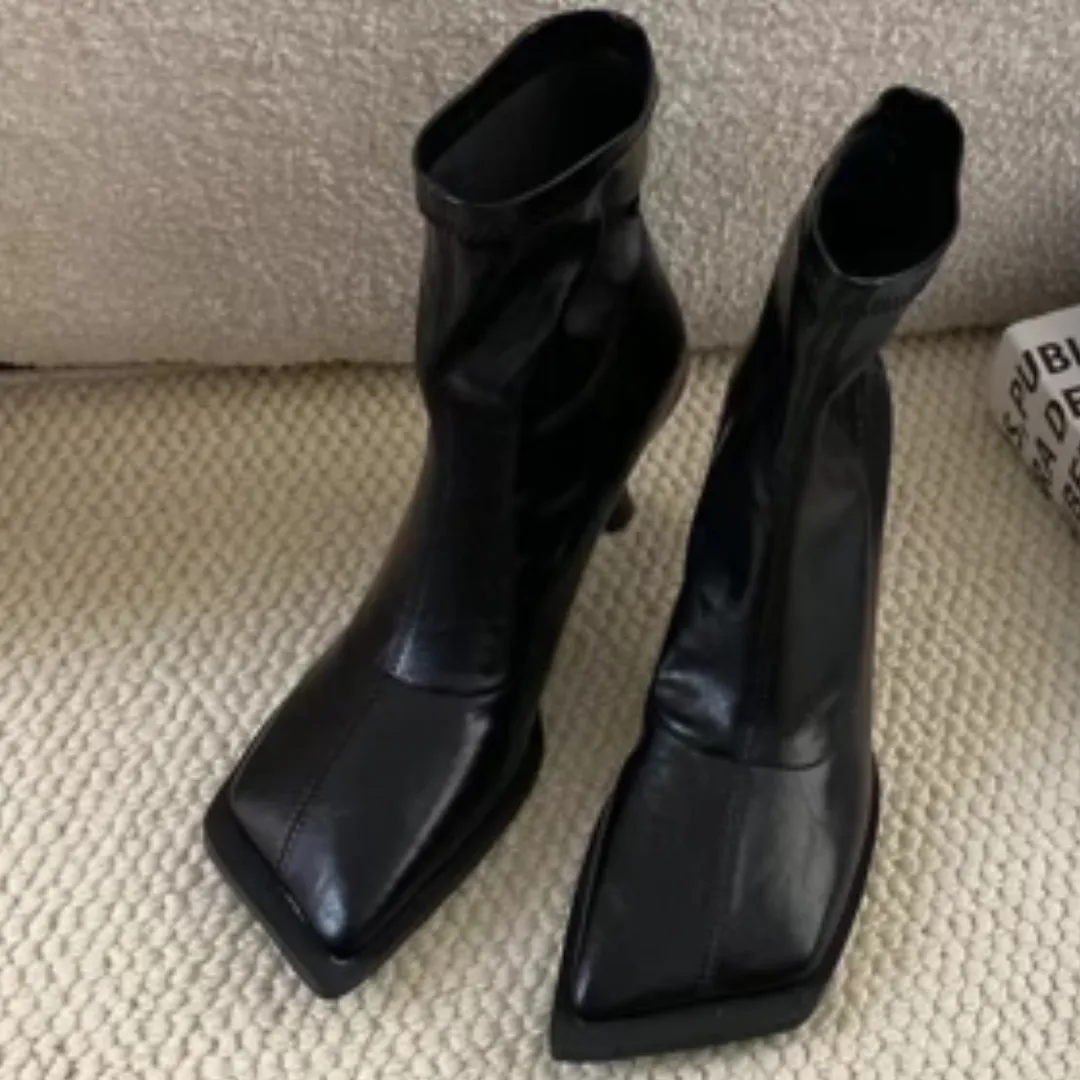 Pre Order:  Black Square Toe Stretch Ankle Boots