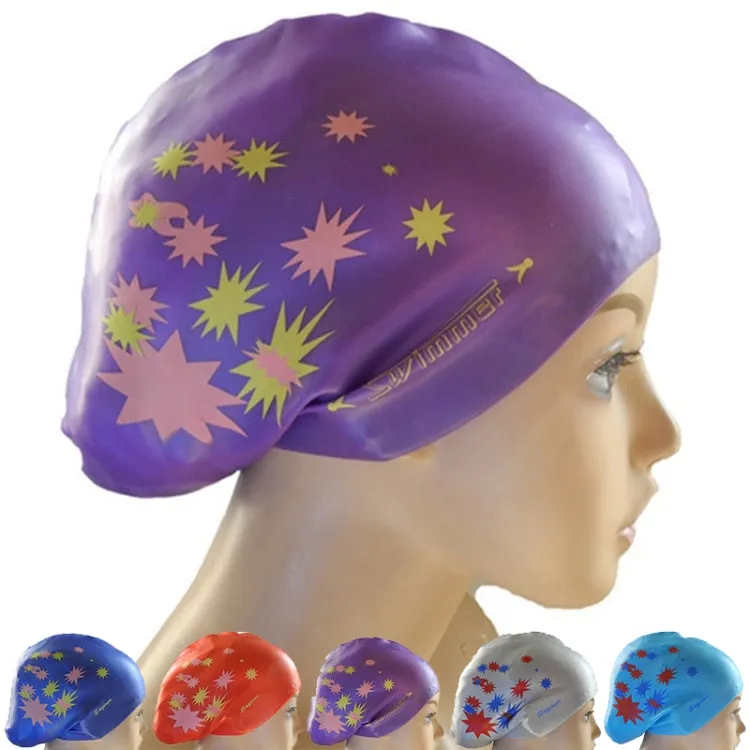 Printed Silicone Swimming Cap Waterproof Swimming Cap for Long Hair, Size:One Size(Sky Blue)