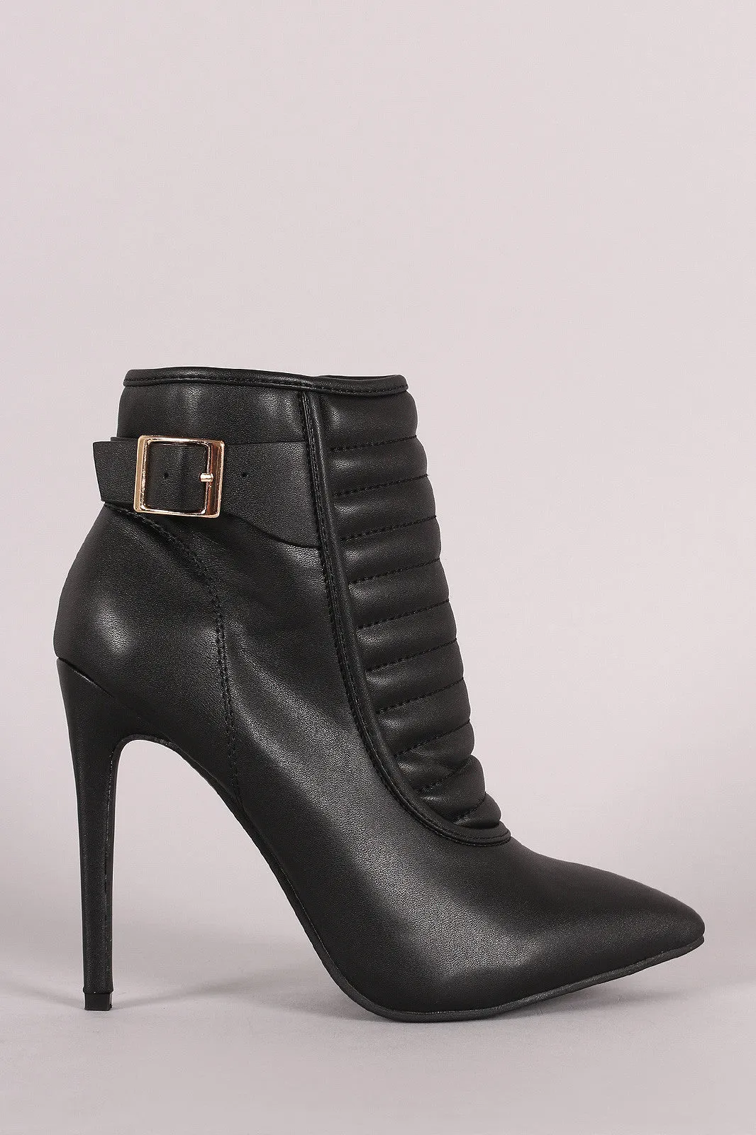 Quilted Buckled Pointy Toe Stiletto Booties