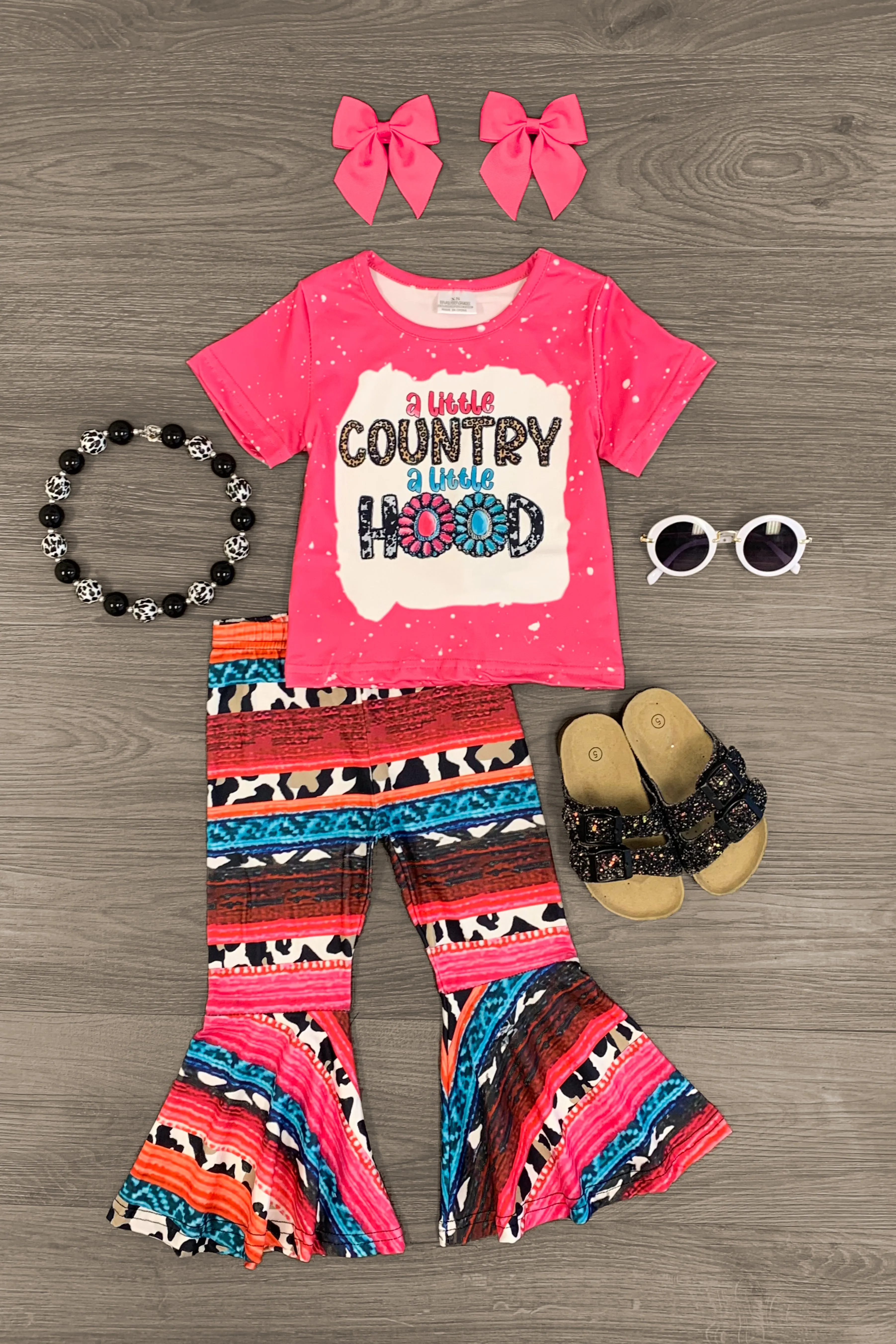 "A Little Country A Little Hood" Pink Bell Bottom Set