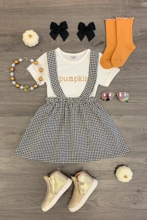 "Pumpkin" Gingham Suspender Skirt Set