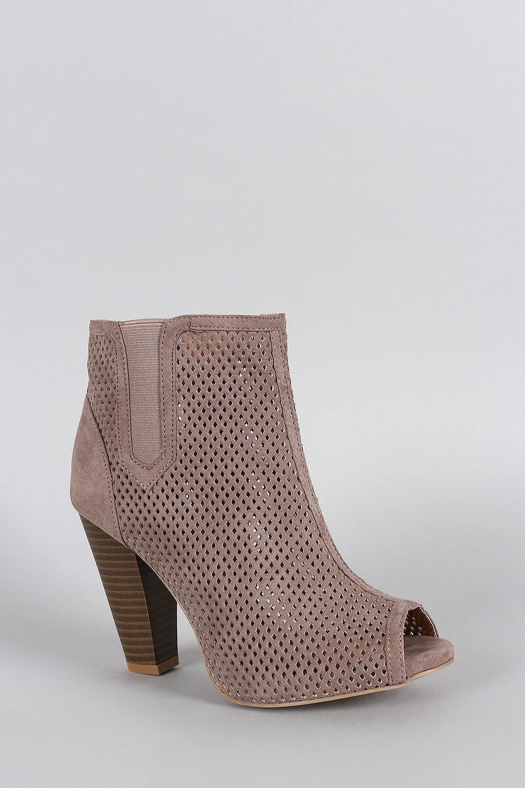 Qupid Perforated Suede Peep Toe Chunky Heeled Booties