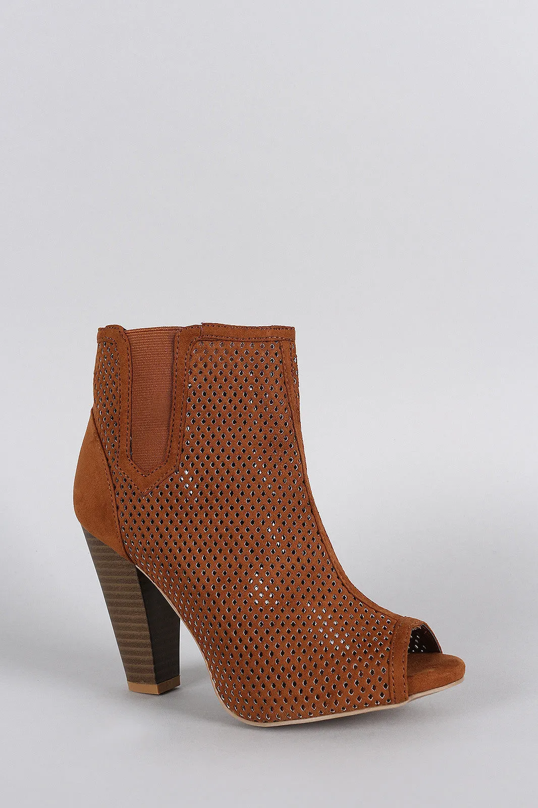 Qupid Perforated Suede Peep Toe Chunky Heeled Booties