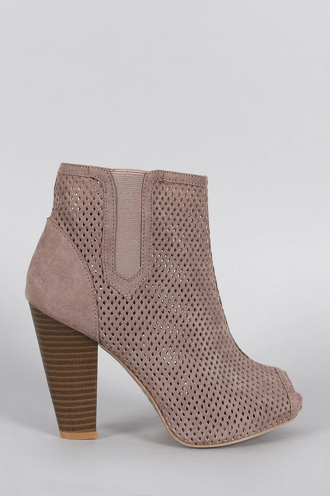 Qupid Perforated Suede Peep Toe Chunky Heeled Booties