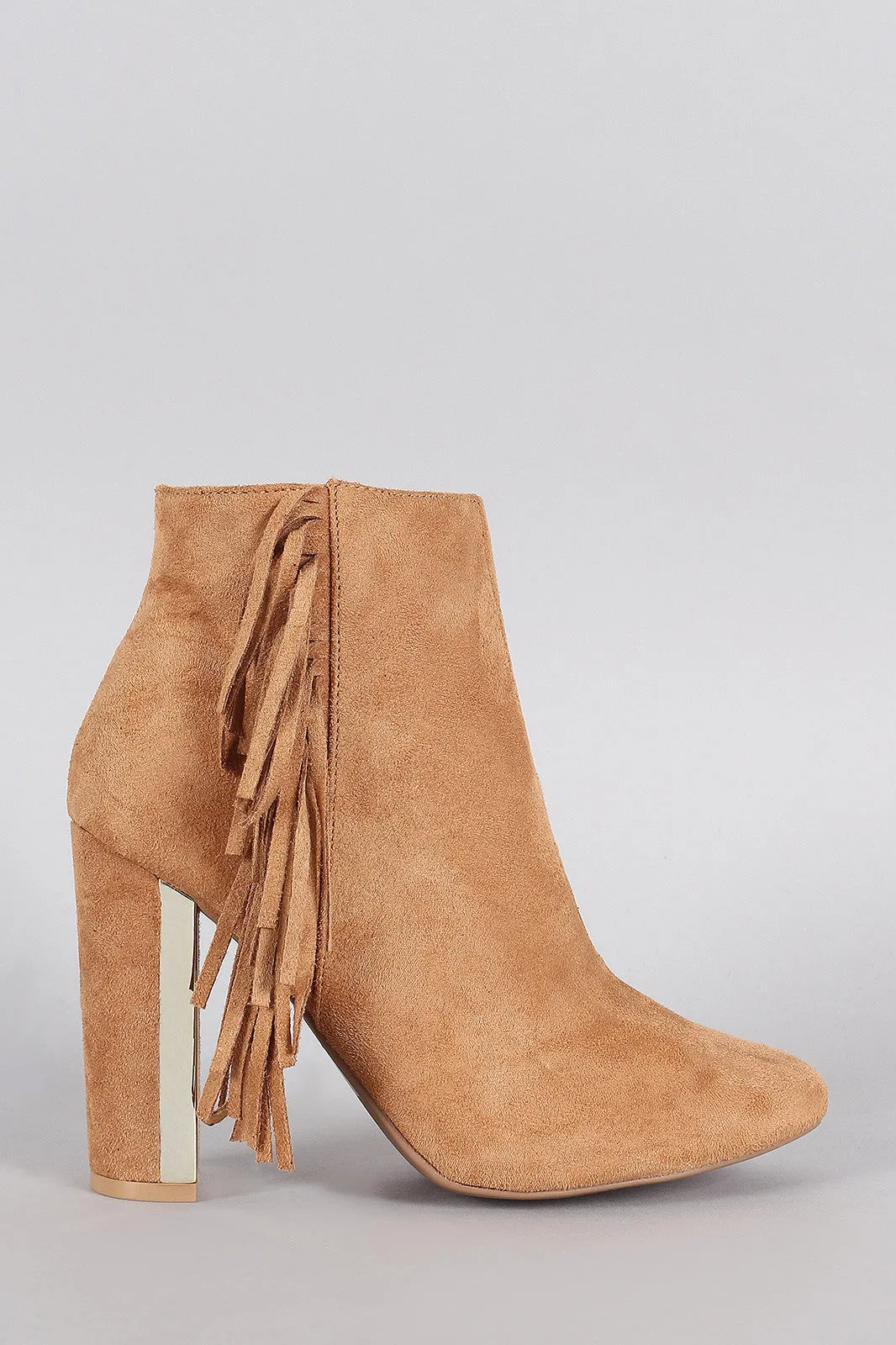 Qupid Suede Fringe Metallic Trim Heeled Booties