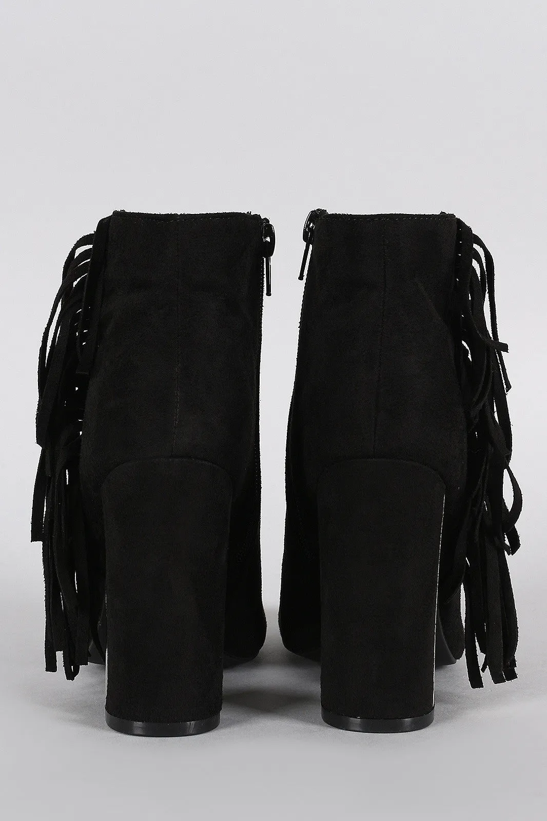 Qupid Suede Fringe Metallic Trim Heeled Booties