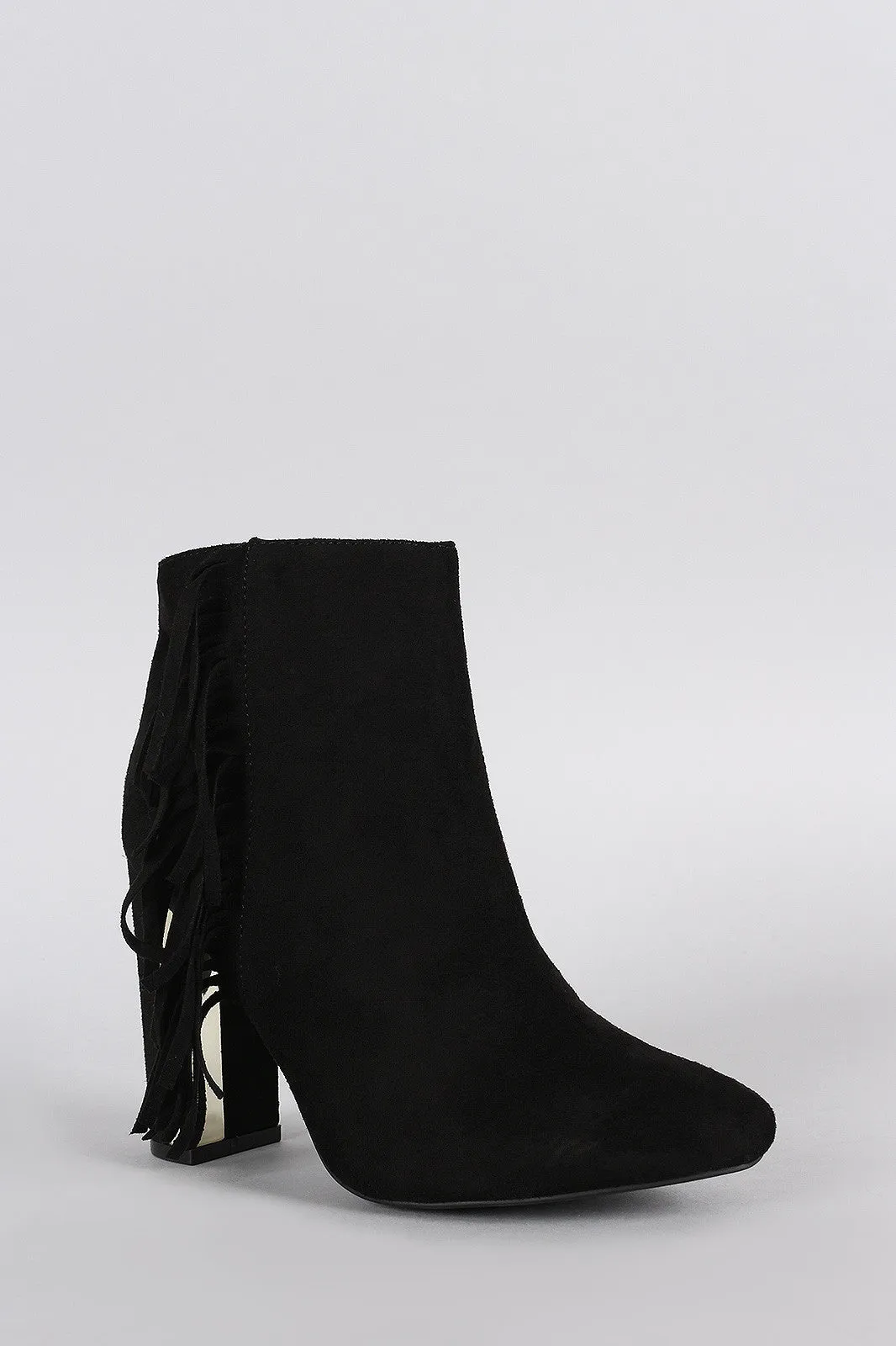 Qupid Suede Fringe Metallic Trim Heeled Booties