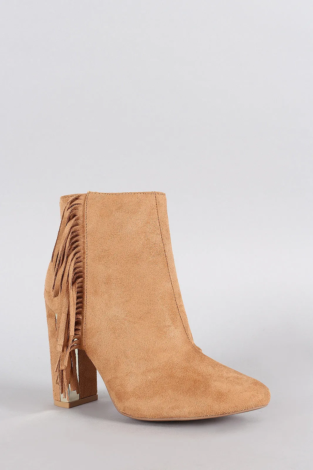 Qupid Suede Fringe Metallic Trim Heeled Booties