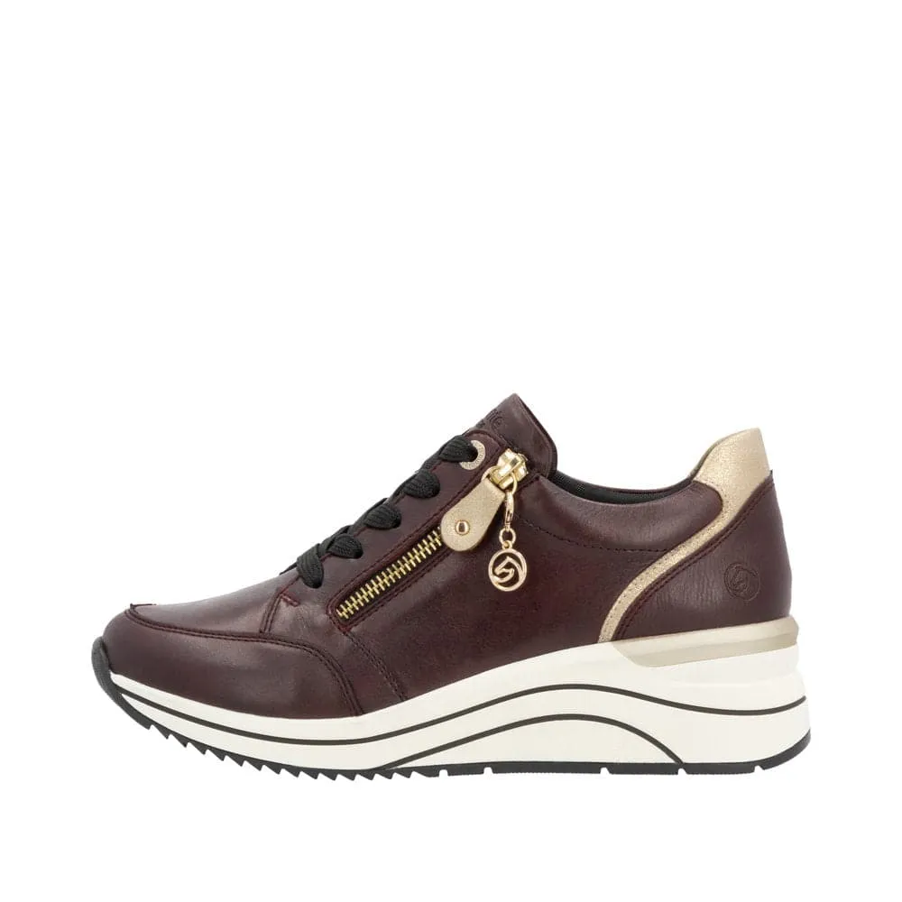 Remonte D0T03-35 Ladies Burgundy & Gold Leather Zip & Lace Trainers