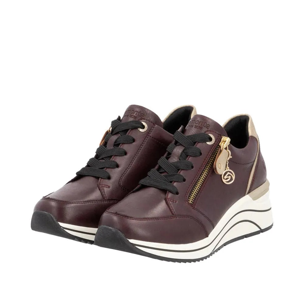 Remonte D0T03-35 Ladies Burgundy & Gold Leather Zip & Lace Trainers