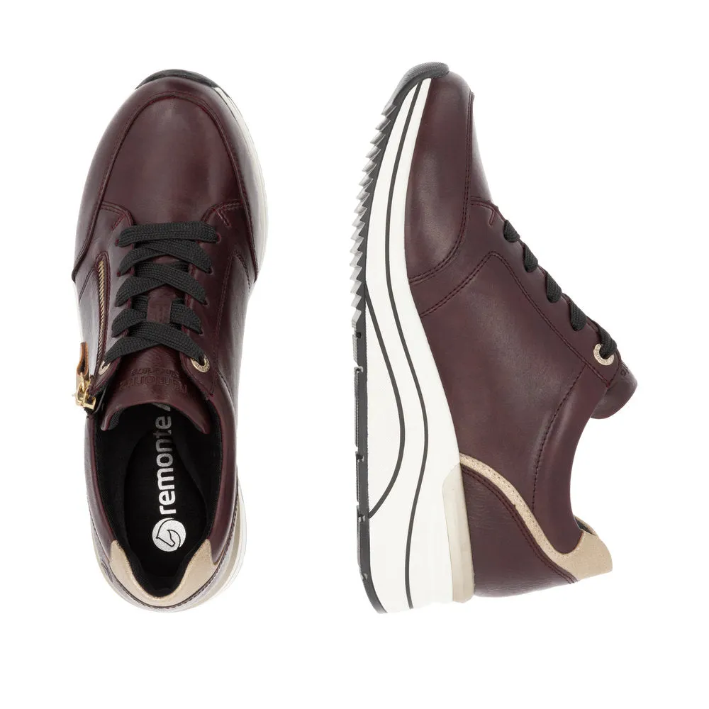 Remonte D0T03-35 Ladies Burgundy & Gold Leather Zip & Lace Trainers