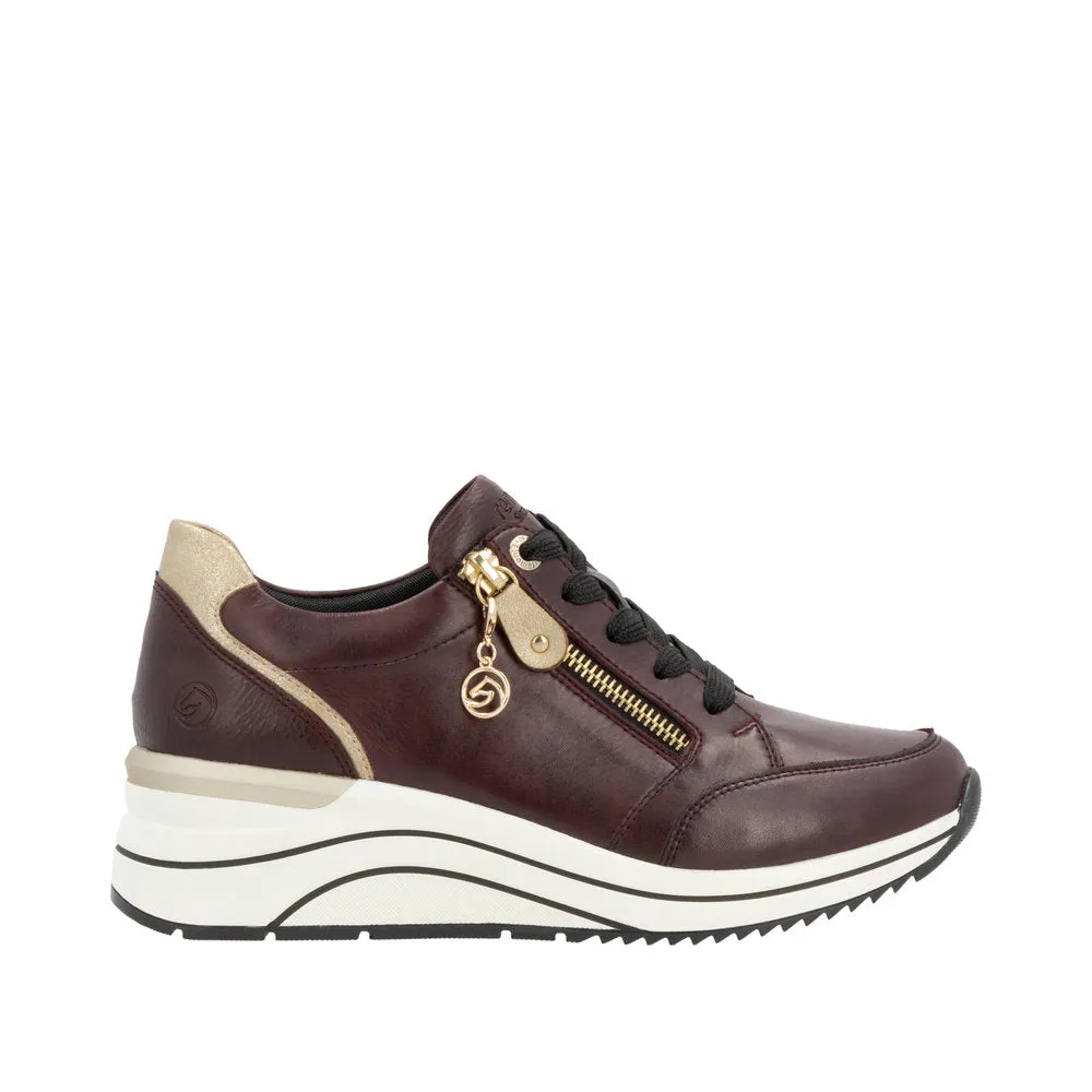 Remonte D0T03-35 Ladies Burgundy & Gold Leather Zip & Lace Trainers