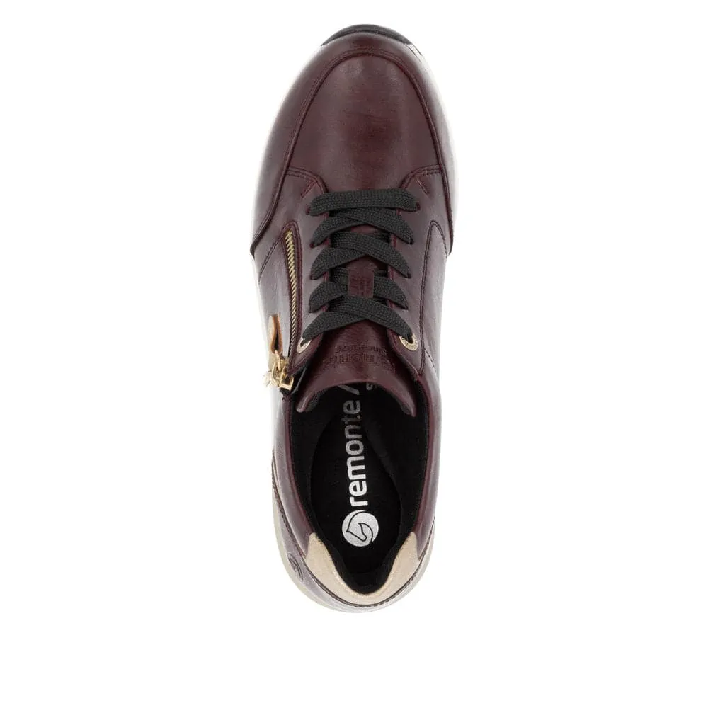 Remonte D0T03-35 Ladies Burgundy & Gold Leather Zip & Lace Trainers