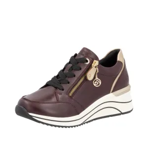 Remonte D0T03-35 Ladies Burgundy & Gold Leather Zip & Lace Trainers