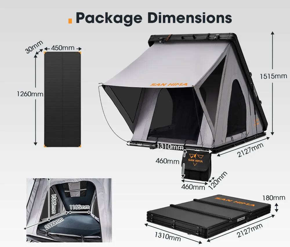 San Hima Kalbarri Roof Top Tent Hardshell With Roof Rack   120W Solar Panel