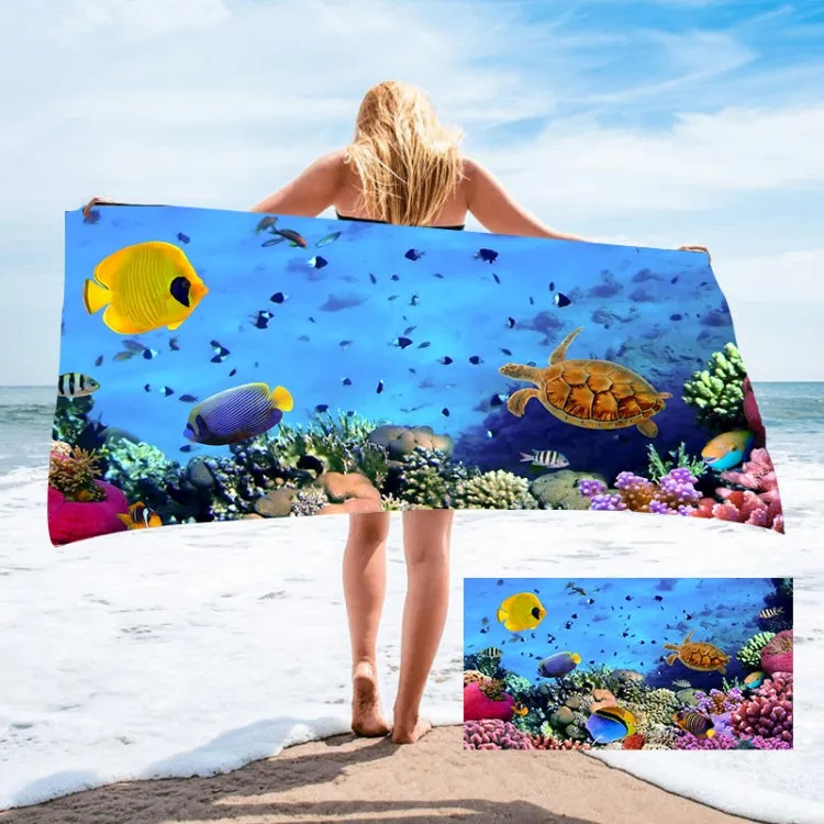 Seaside Portable Microfiber Beach Swim Printed Bath Towel 150x75cm(Turtle   Fish)