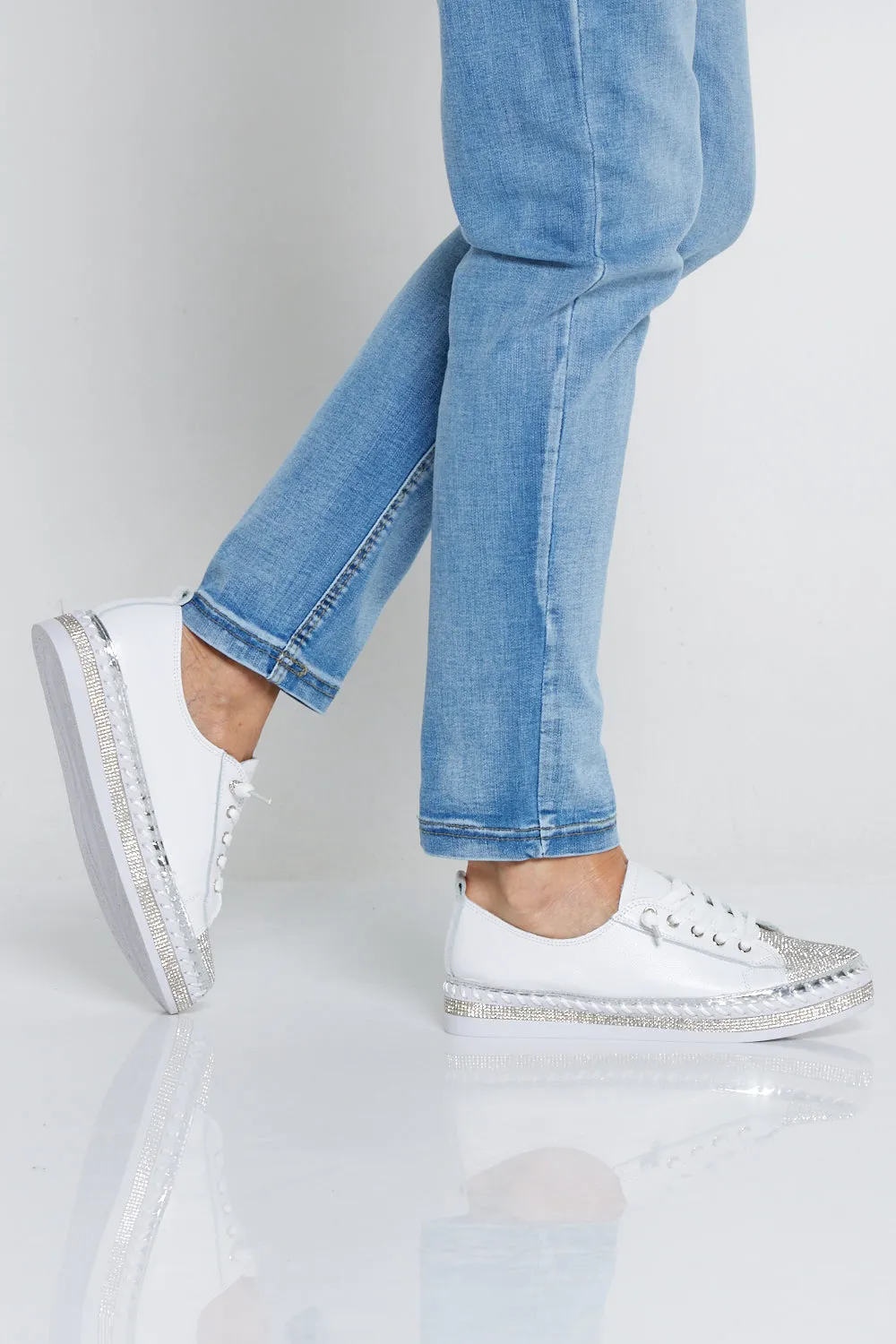 Sia Sparkle Leather Sneakers - White/Diamanté