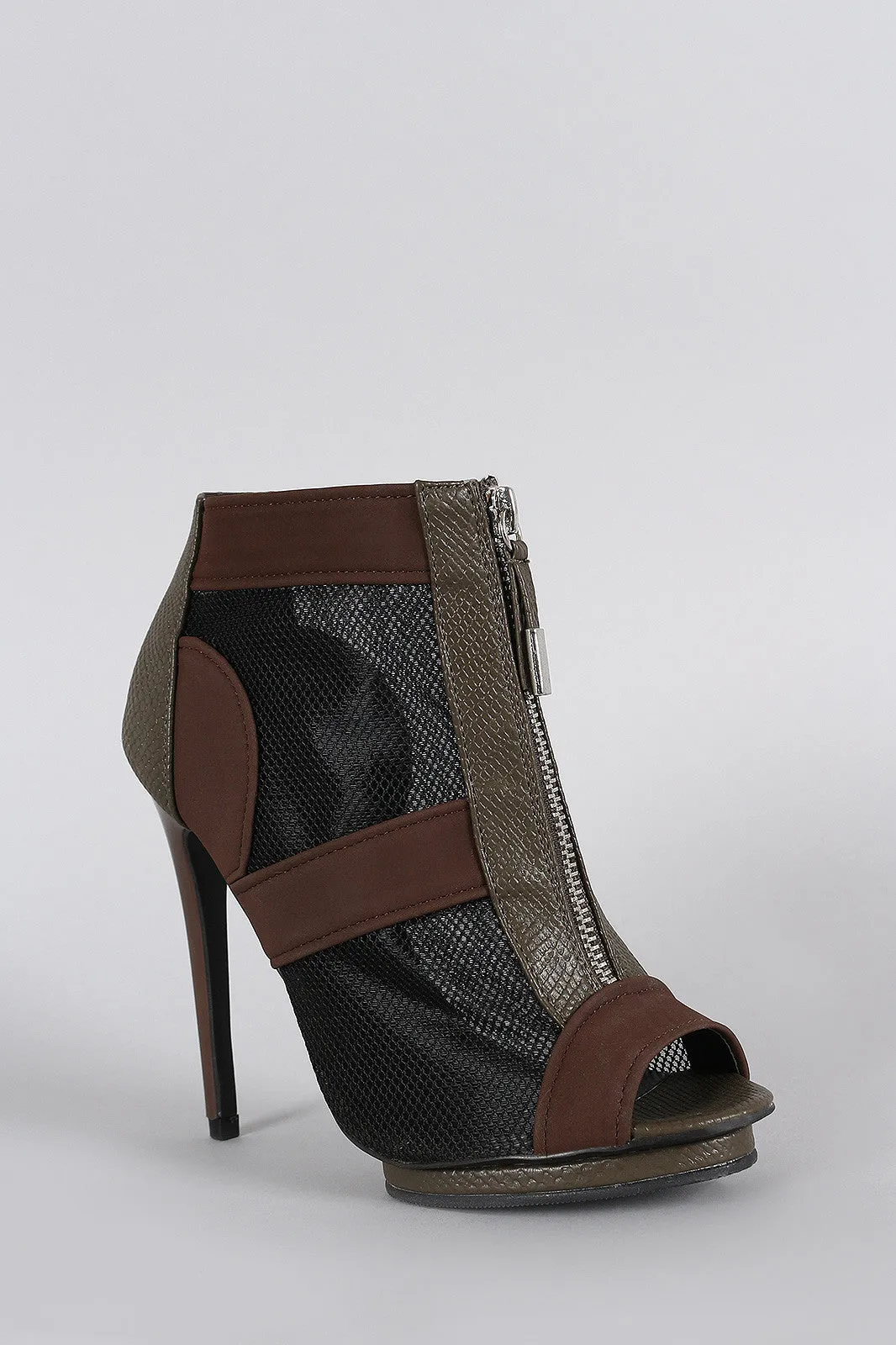 Snake Embossed Mesh Peep Toe Zip-Up Stiletto Booties