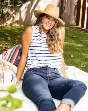 Sofia Top: Navy Tie Dye Stripe