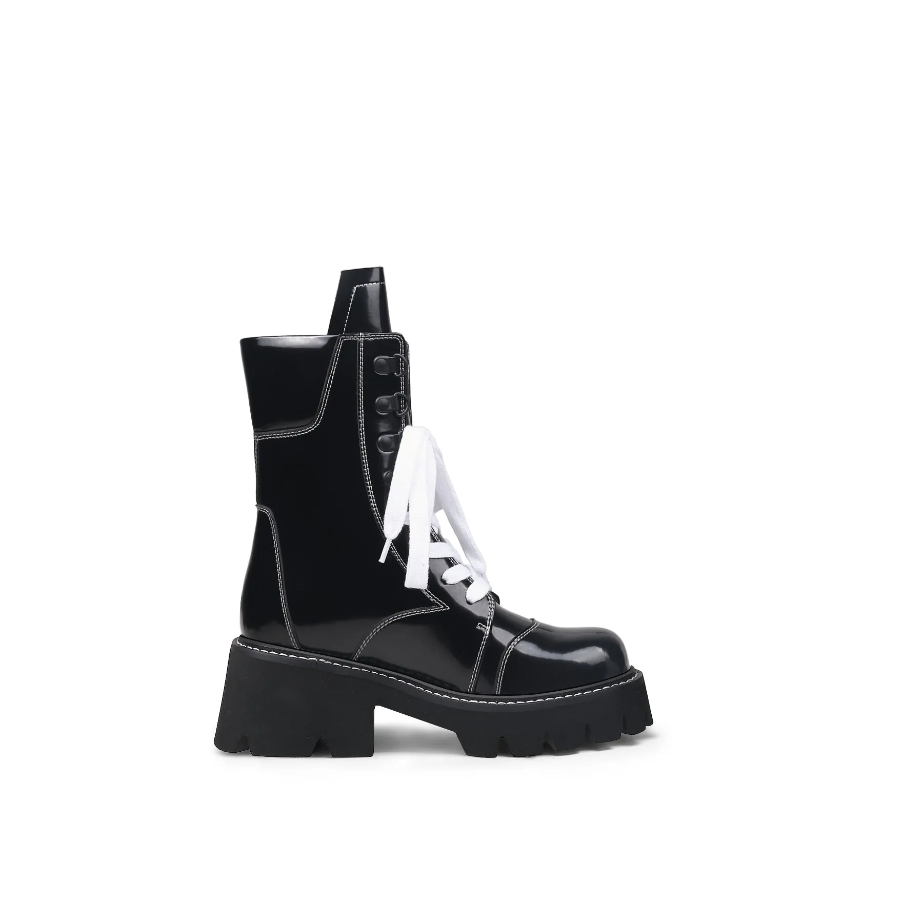 Stitched White Lace Up Black Combat Boots