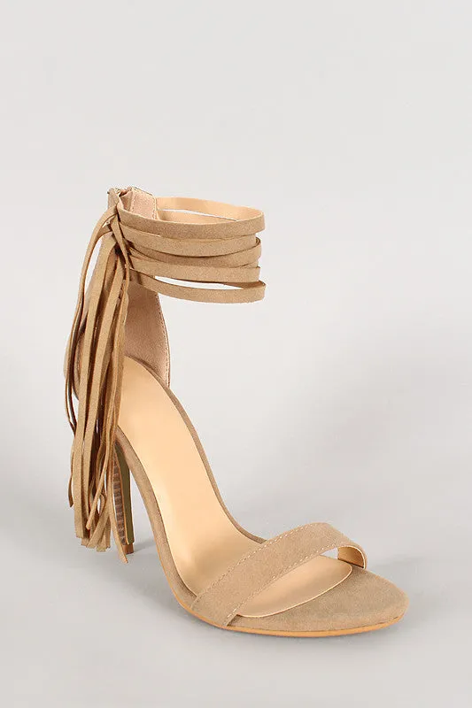 Suede Fringe Ankle Cuff Open Toe Stiletto Heel