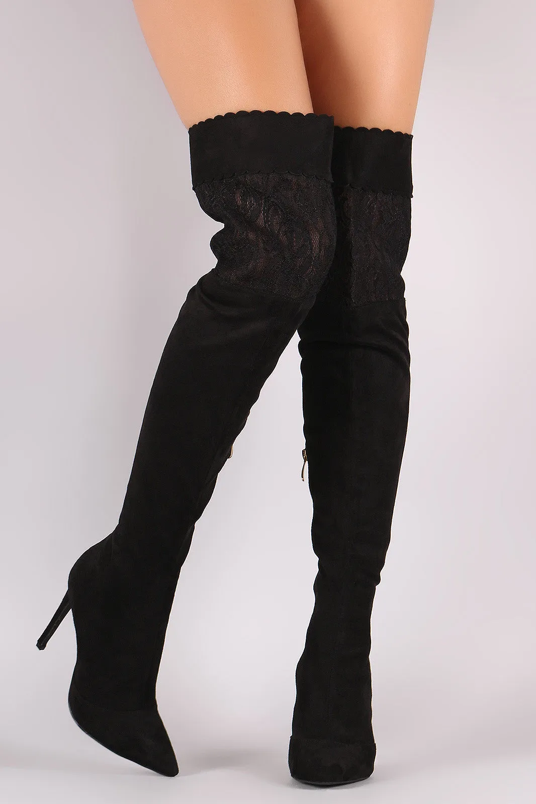 Suede Scalloped Lace Panel Pointy Toe Stiletto Boots