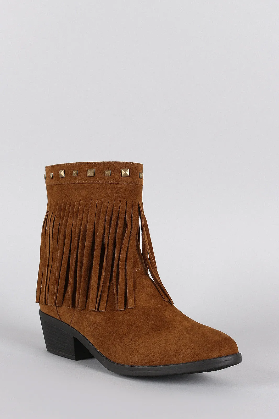 Suede Studded Fringe Cowgirl Ankle Boots